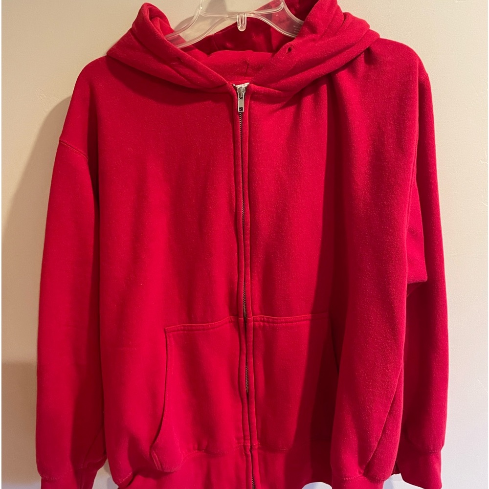 red zip up hoodie